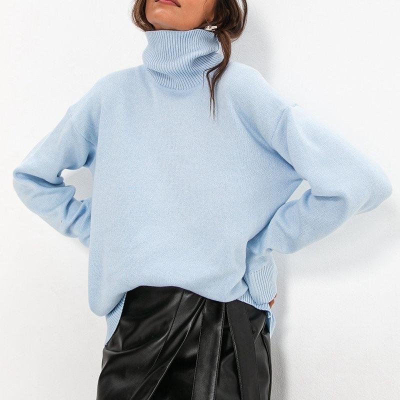 Frauen Herbst Winter Lose High Neck Langarm Einfarbig Pullover Chic Gestrickte Tops