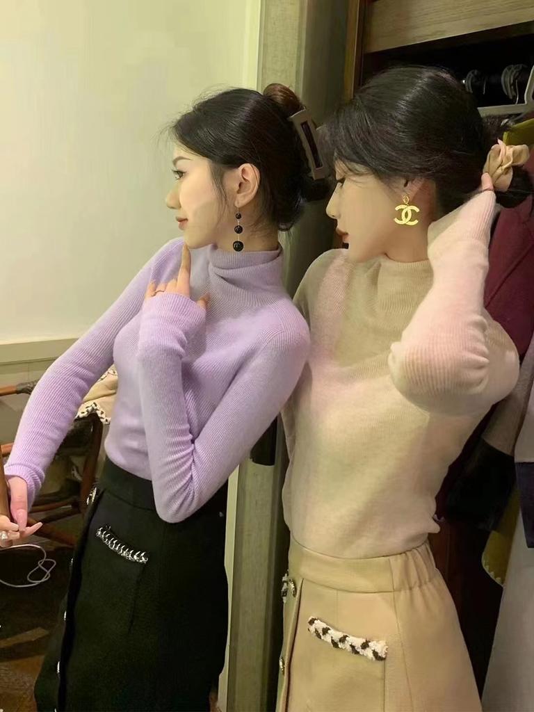 Piled Collar Solid Color All-match Knitted Sweater Women's Autumn and Winter Western-style Slim-fit Coat Inner Knitted Base Shirt