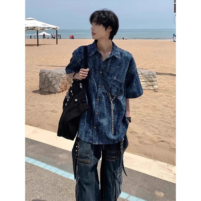 

Men s Water-Washed Tie-Dye Short-Sleeve Padded Shoulder Retro Shirt 3XL синій