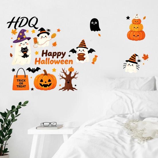 Self Adhesive Wall Mural for Kindergarten Halloween Stickers Cute Ghost And Pumpkin Print Decals Creative Classroom Holiday Layout Removable PVC DIY