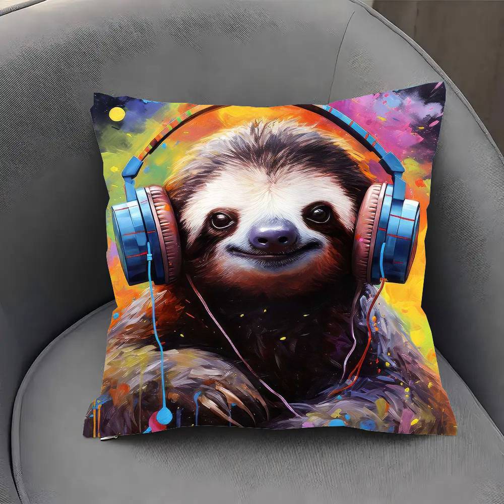 Funny Sloth DJ Pillow Case Sofa Cushion Cover Room Home Decoration