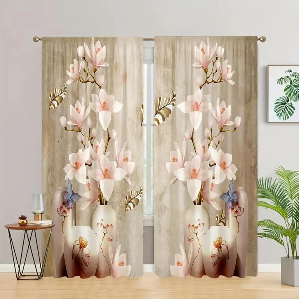 2 Stück Europäischer Stil Fenstergardinen 3D Digitaldruck Stangentasche Vorhang Für Wohnzimmer Und Schlafzimmer Heimdekor