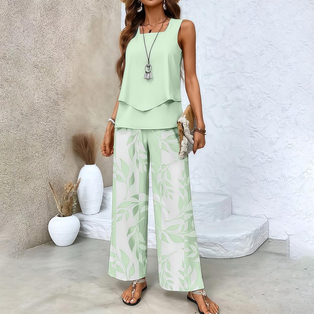 Dámský dvoudílný letní volný bez rukávů dvouvrstvý top vesta, ležérní kalhoty dovolenkový set