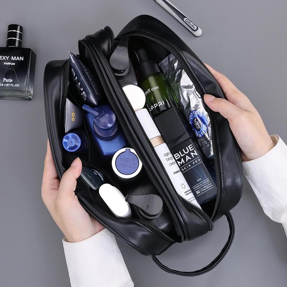 Doppellagige Kulturtasche für Herren PU-Leder Reise Wasch-Organizer Dopp-Kit Wasserabweisend Rasier Kosmetik Tasche Aufbewahrung