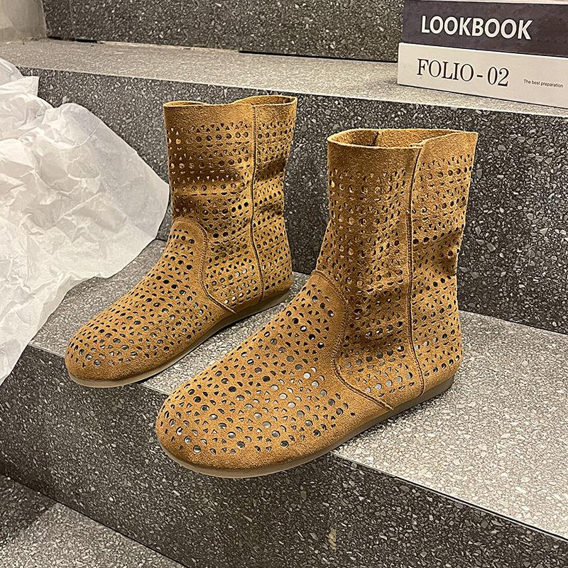 

Ретро-сапоги с полой сеткой, дырчатые туфли, кожаные сапоги популярны в 2025 году, новые летние дышащие и универсальные римские сапоги с плоской подошвой 39 коричневый