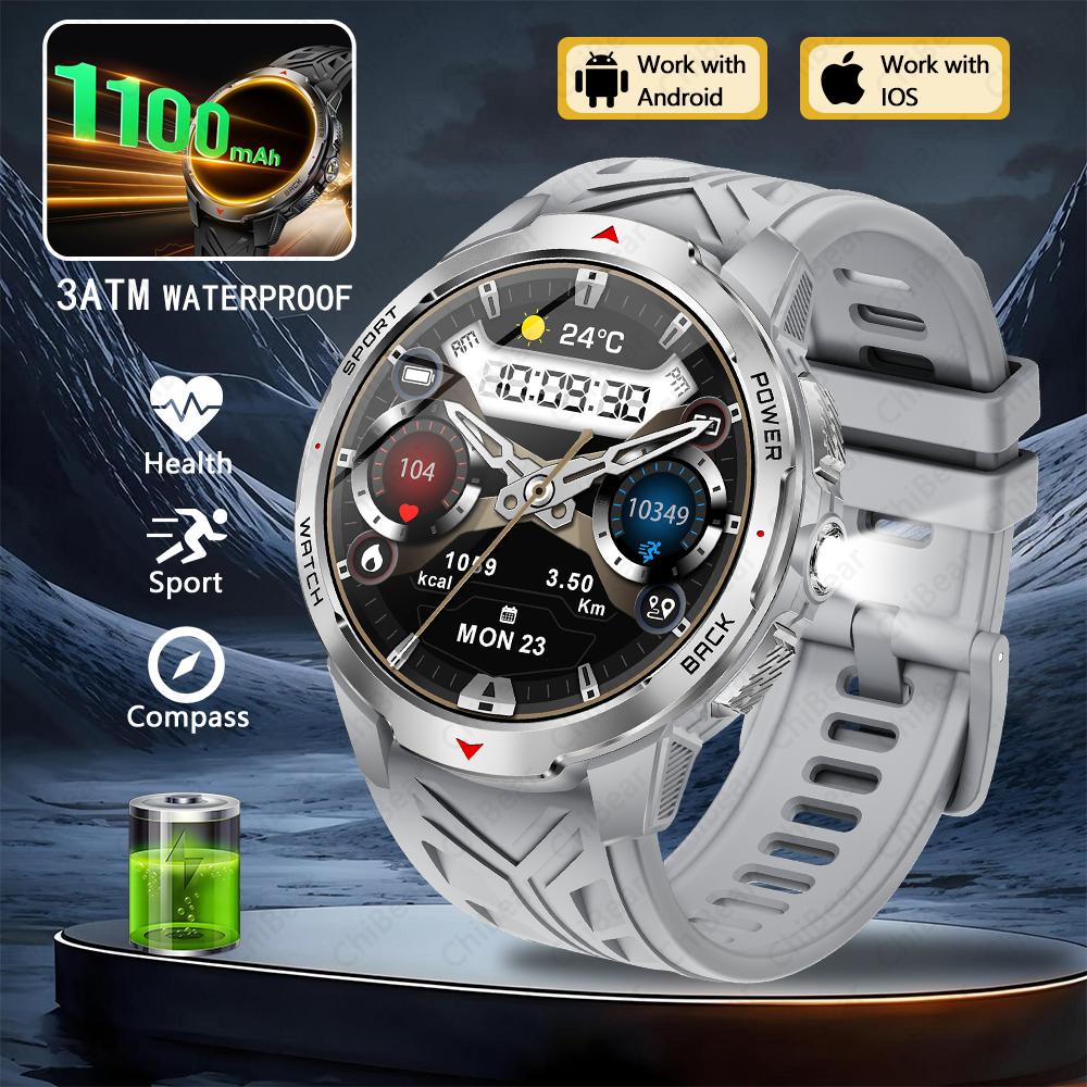 

1100mAh Military Outdoor Smart Watch Men 1.7-inch Large Display Compass Sports Watch IP68 Waterproof Bluetooth Call Smartwatch серебряный