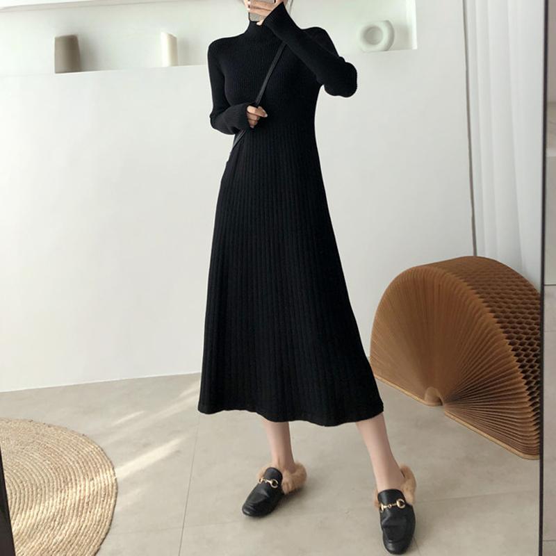 Elegant Warm Half Turtleneck Ladies A-line Sweater Dress Full Sleeve Slim Waist Women Knitted Mid-Calf Vestidos Autumn