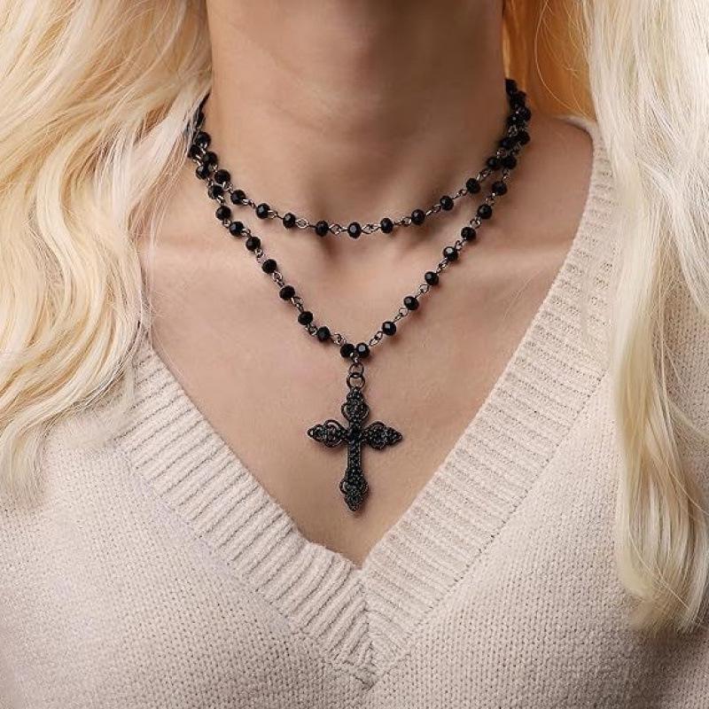 Gothic Layered Black Cross Necklace – Fashionable Vampire Beaded Design
