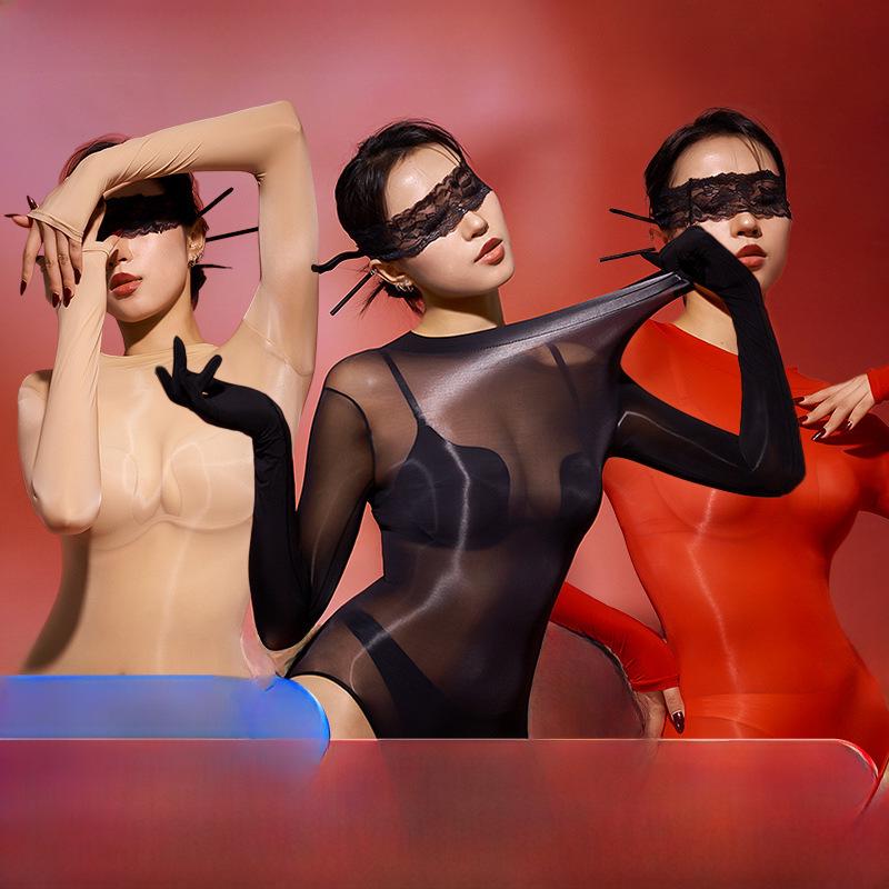 Seamless Shiny Silky High-Cut Bodysuit & Sexy Stockings Set - Large Size