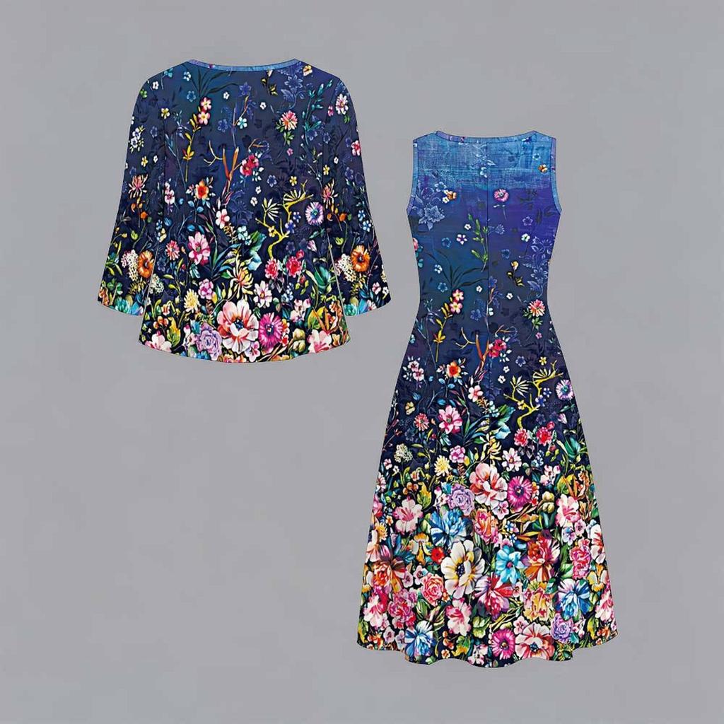 Oversized Ladies Two Piece Set Printed Slip Dress With Long Sleeve Open Front Cardigan