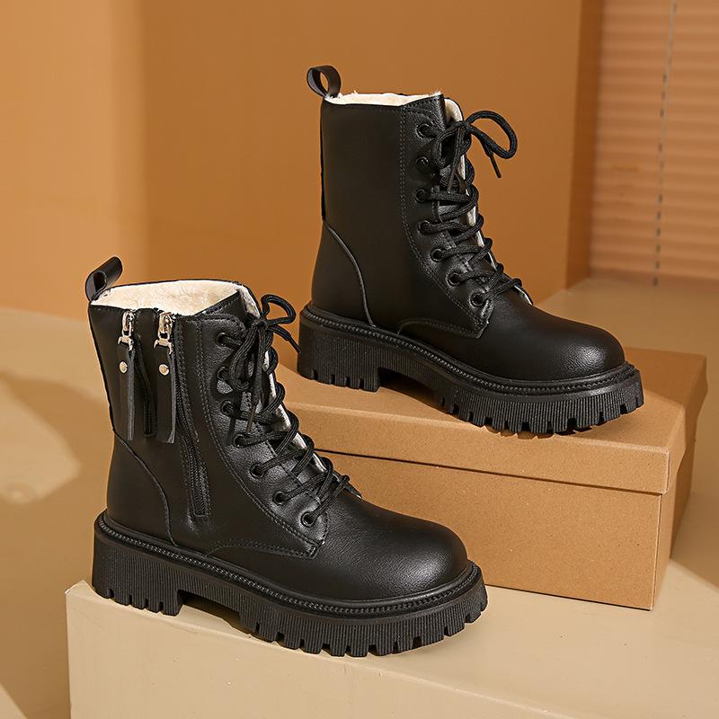 

British style double zipper trend velvet Martin boots women s 2024 autumn and winter new lace-up casual thick heel warm short boots 42