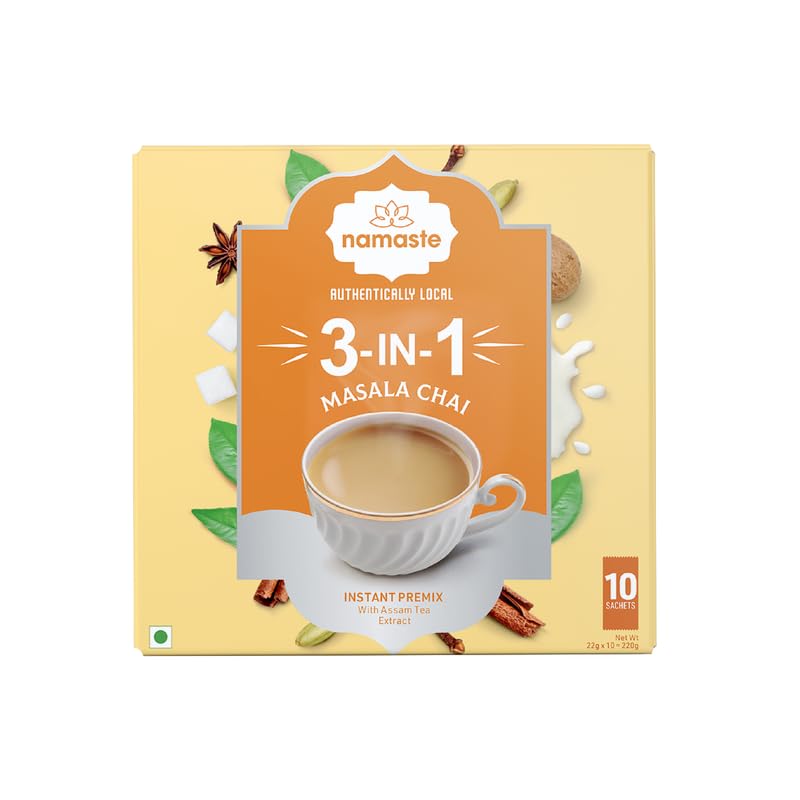 Namaste Chai Instant Tea Premix Masala Chai | Assam | Ginger, Clove, Cinnamon, Nutmeg & Cardamom | Milk and Sugar | Ready Mix Powder |22g x 10 Sa