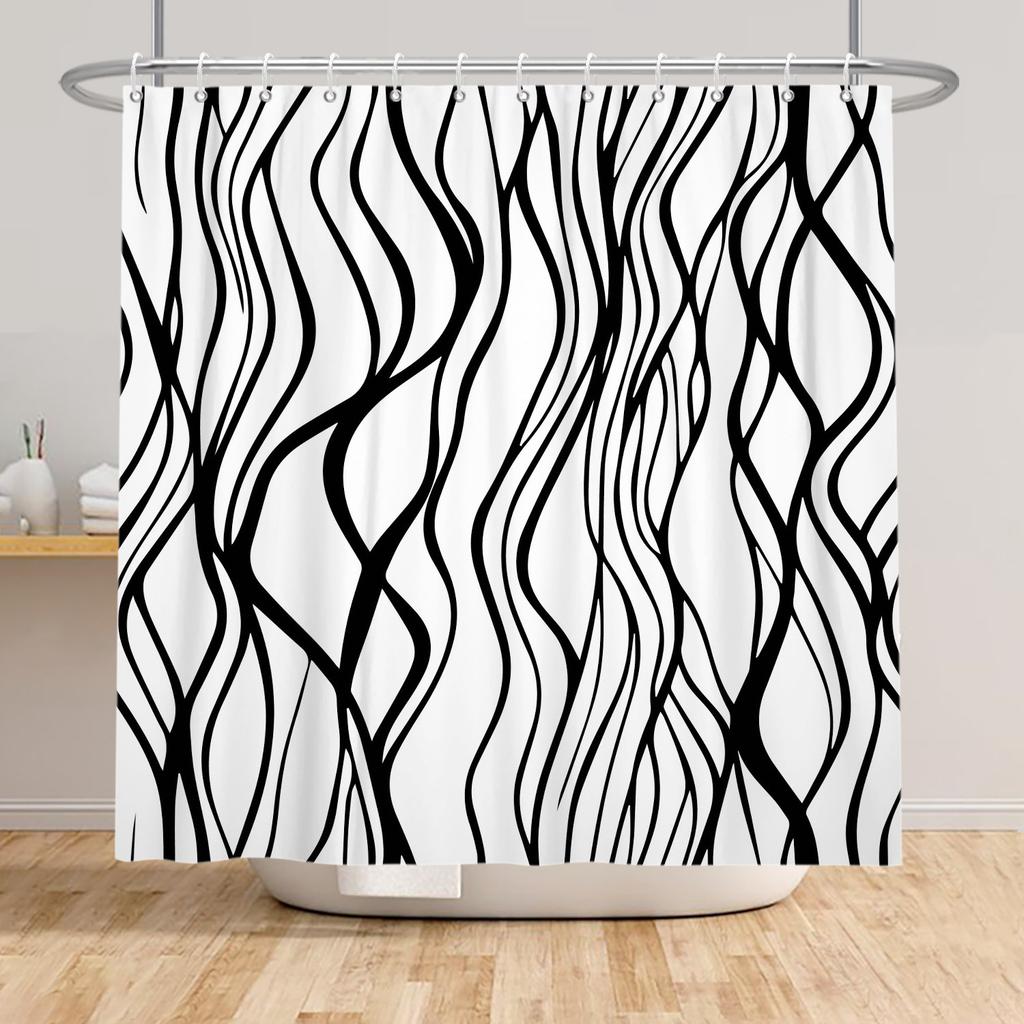 Modern Shower Curtain Wave Lines Modern Minimalist Geometric Unique Aesthetic Pattern Waterproof Polyester Bathroom Curtain
