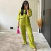 Women 2 Piece Set Elastic Waist Pocket Folds Decorate Wide Leg Pants+Solid Single-Breasted Slit Hem Blouse Top