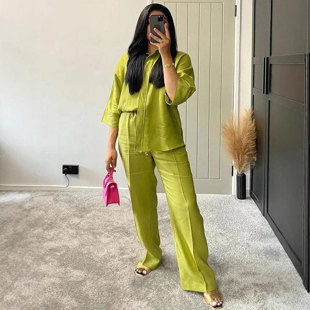 Women 2 Piece Set Elastic Waist Pocket Folds Decorate Wide Leg Pants+Solid Single-Breasted Slit Hem Blouse Top