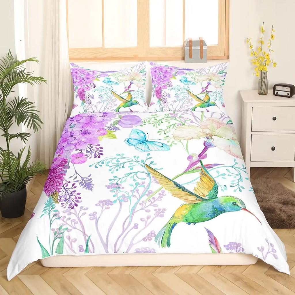 Kolibri påslakan med virvlande blad och blommor, med vårtema, dekorativa sängkläder, blek elfenben, rumsdekoration, kvinnor