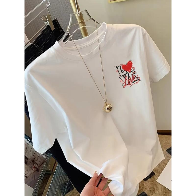 Love Heart Print Short Sleeve T-Shirt | Casual Crew Neck Top for Women, Fashionable Spring/Summer Apparel