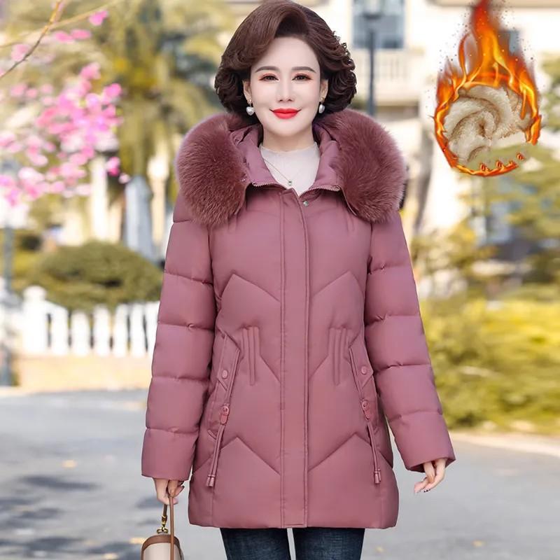 Giacca Invernale da Donna Media Lunga Ispessita Calda Giacca Casual in Peluche per Mezza Età Capospalla Femminile