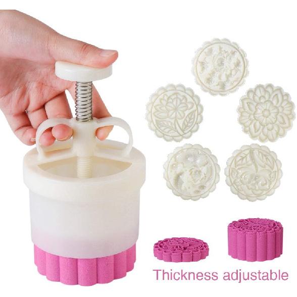 180g 5pcs Cookie Stamps Thickness Adjustable Moon Cake Mold Set, Cookie Press DIY Decoration Hand Press Cutter Cake Dessert Mold