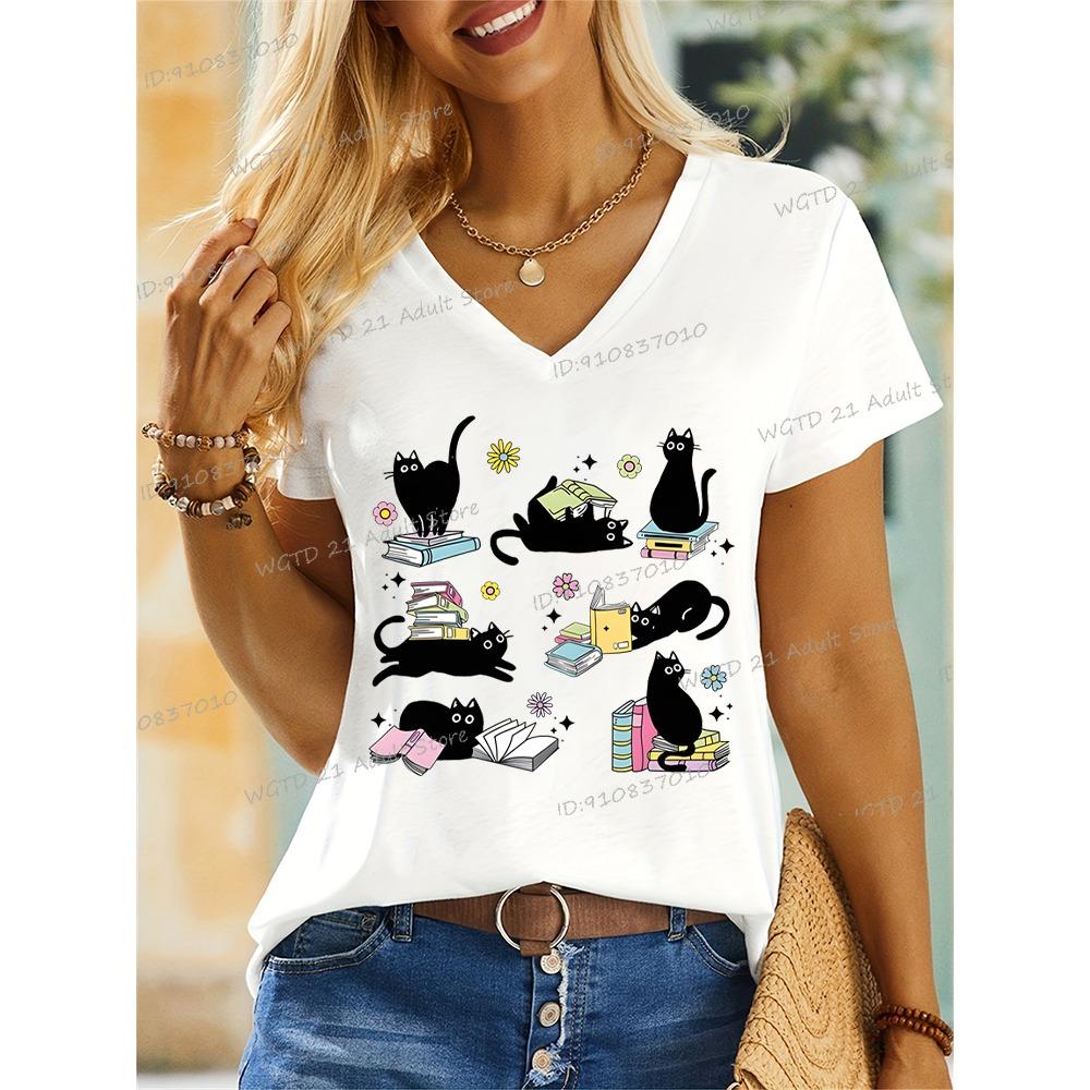 Cartoon cat and book T-shirt funny bookworm casual women's short-sleeved top