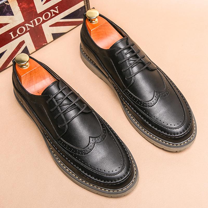 Spring Fashion Simple Large Size Men's Dress Shoes Pointed Height Increasing Men Brogue Formal Business Leather Lace Up Oxford