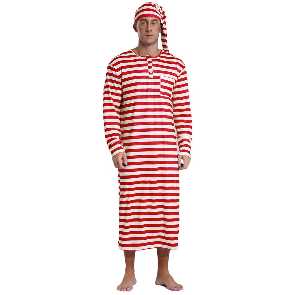 Heren Gestreept Lange Mouw Losse Lange Badjas Hoodie Pompon Sissy Nachtkleding Kerst Slaapset