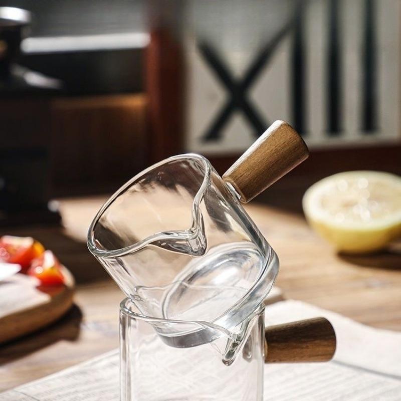 1ks Skleněná odměrka Dřevěná rukojeť Skleněná odměrka na espresso Dvojitý Jednoduchý výtok Hrnek na mléčnou kávu Průhledný Kávové potřeby