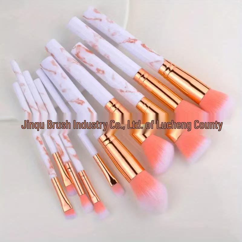 Beginner's Essential 10-Piece Marble Makeup Brush Set – Includes Powder, Foundation, and Eyeshadow Brushes.