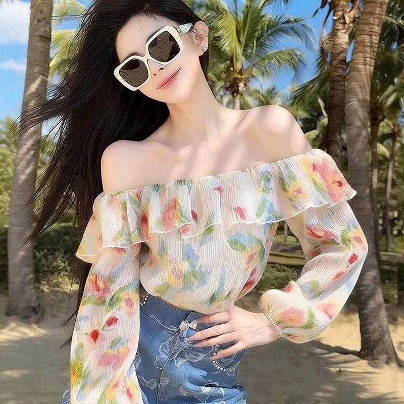 

2026 Spring New Floral Off-Shoulder Top, Perfect for Beach Vacation, French Style, Elegant Waist-Cinching Blouse Floral One Shoulder Top S