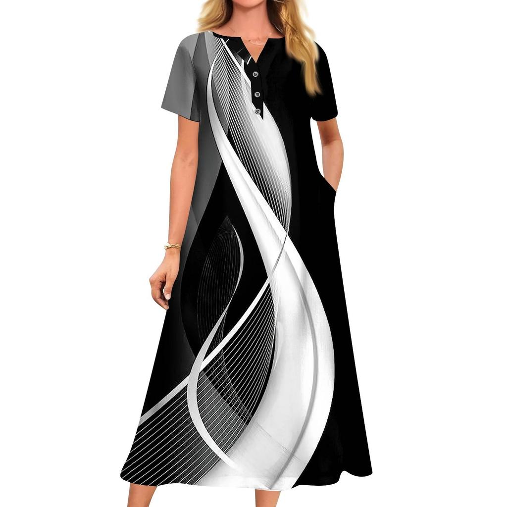 Women's Summer Casual Printed V-Neck Short-Sleeve Swing Dress