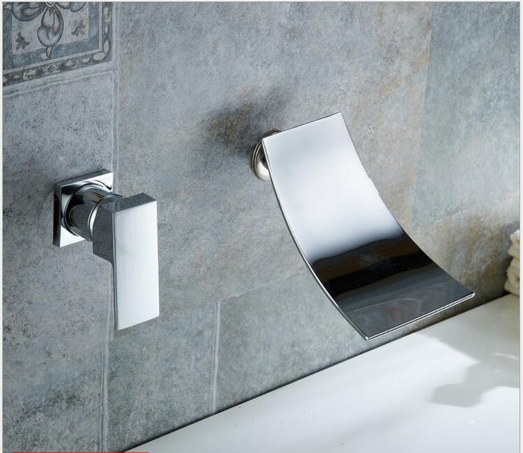 Waterfall Basin Faucet Wall Mounted Single Handle Hot and Cold Mixer Tap Bathroom In-wall Basin Faucet Brass Gold