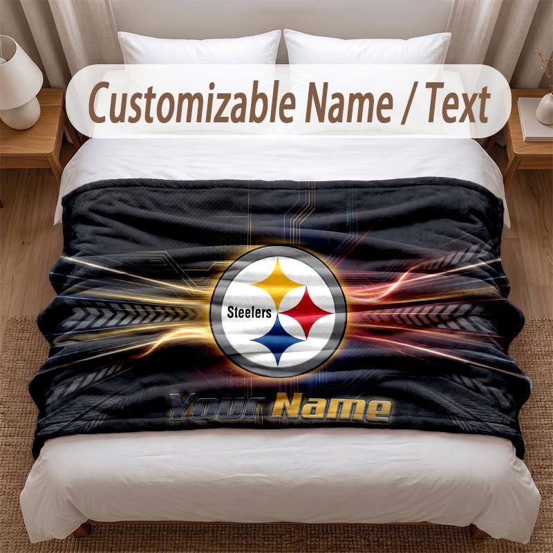 Pittsburgh Steelers Printed Flannel Blanket Custom Name Text Soft Warm Throw For Bedroom Holiday Gift