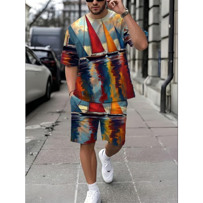 Men s Casual Summer Printed T-Shirt Shorts Set S