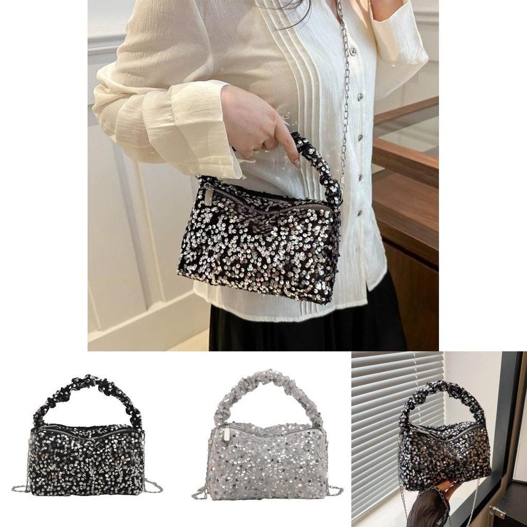 Stylish And Chic Korean Inspired Sequined Small Shoulder Bag For Women In Black And Silver