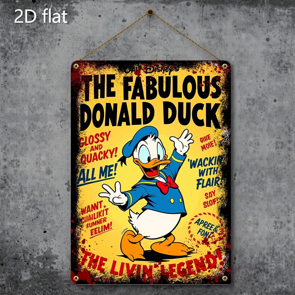 2D Flat, Disney Vintage Metal Wall Decor - Donald Duck Retro Decoration with Fabulous Title - Heavy-Duty Tinplate Sign for Home,