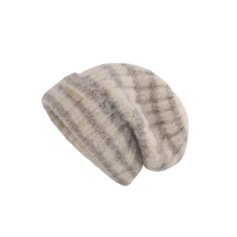 Color-blocked Striped Woolen Hat for Women, Autumn and Winter, Japanese Style, Loose, Warm, Ear-protecting, Slouchy Knit Hat for Large Head