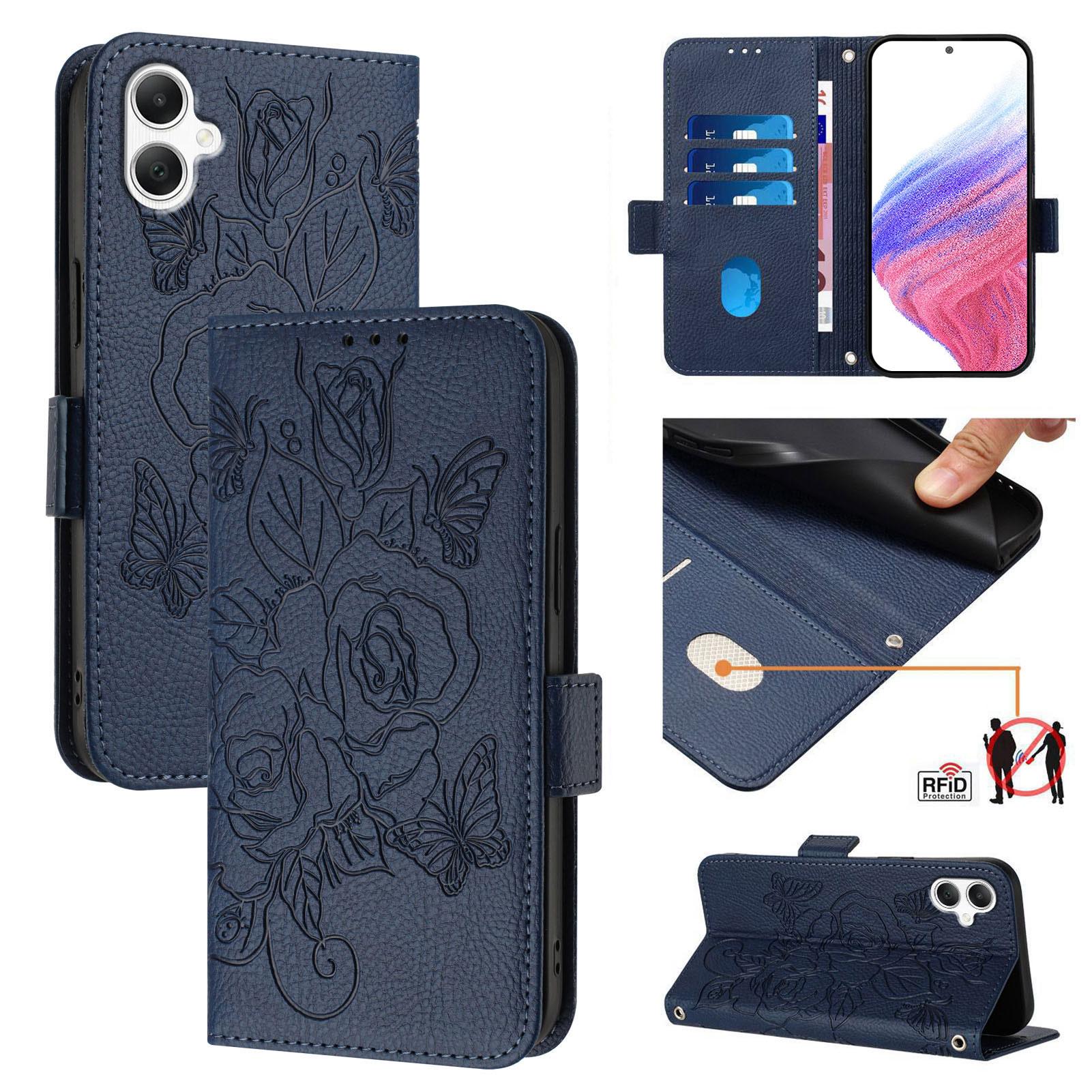 

For Samsung Galaxy A06 4G Case Rose Imprinted RFID Blocking Leather Phone Cover with Strap Dark Blue