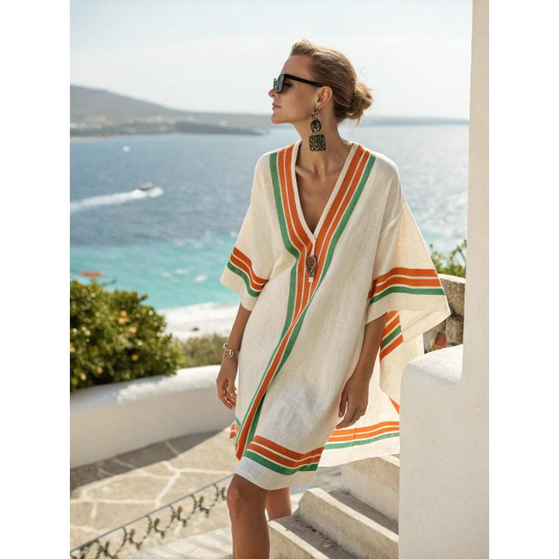 2026 summer European and American new loose printing V-neck women's casual vacation dress