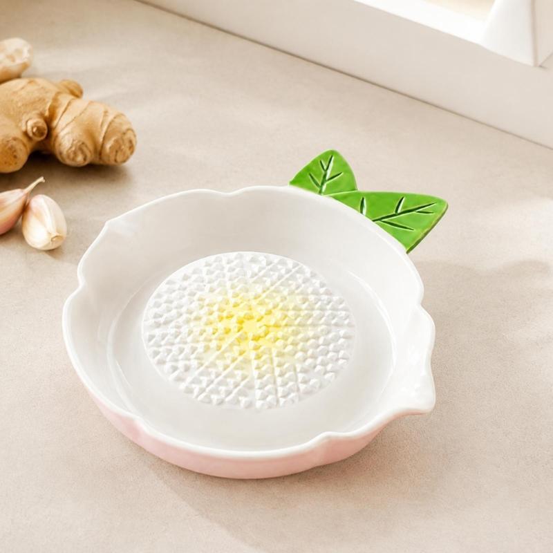 Manual Porcelain Grating Dish for Garlic and Soft Produce with Textured Face and Transfer Lip for Daily Cooking Use