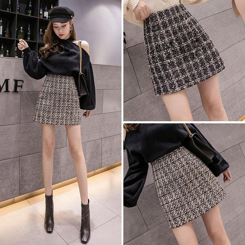 Tweed mini and check Korean mini solid stylish brushed gray Korean style size skirt, skirt, A-line, trapezoid, pencil, pattern, fashion, high-waisted,