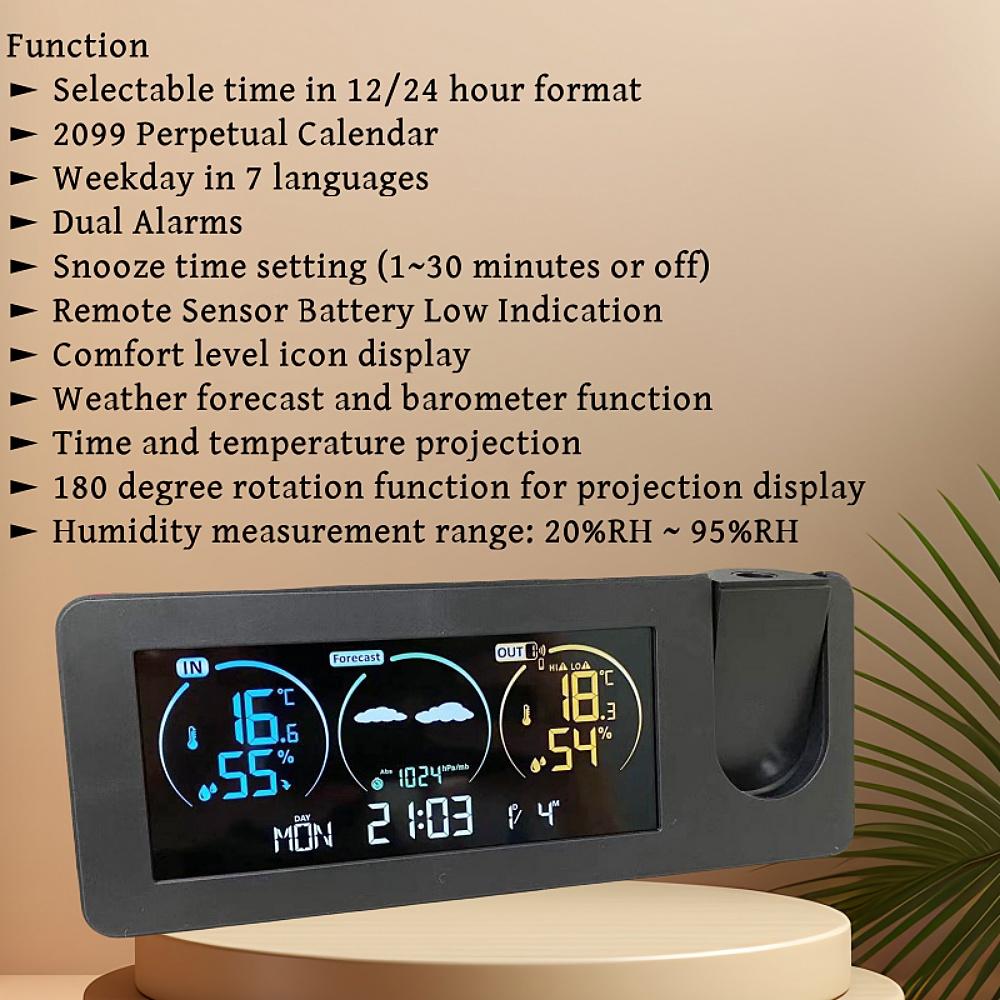 

Проекционные часы-будильник с углом обзора 180°, индикацией температуры, влажности, датой и метеостанцией, двойным будильником, выходным портом USB, цифровыми светодиодными часами 12/24 часа чёрный