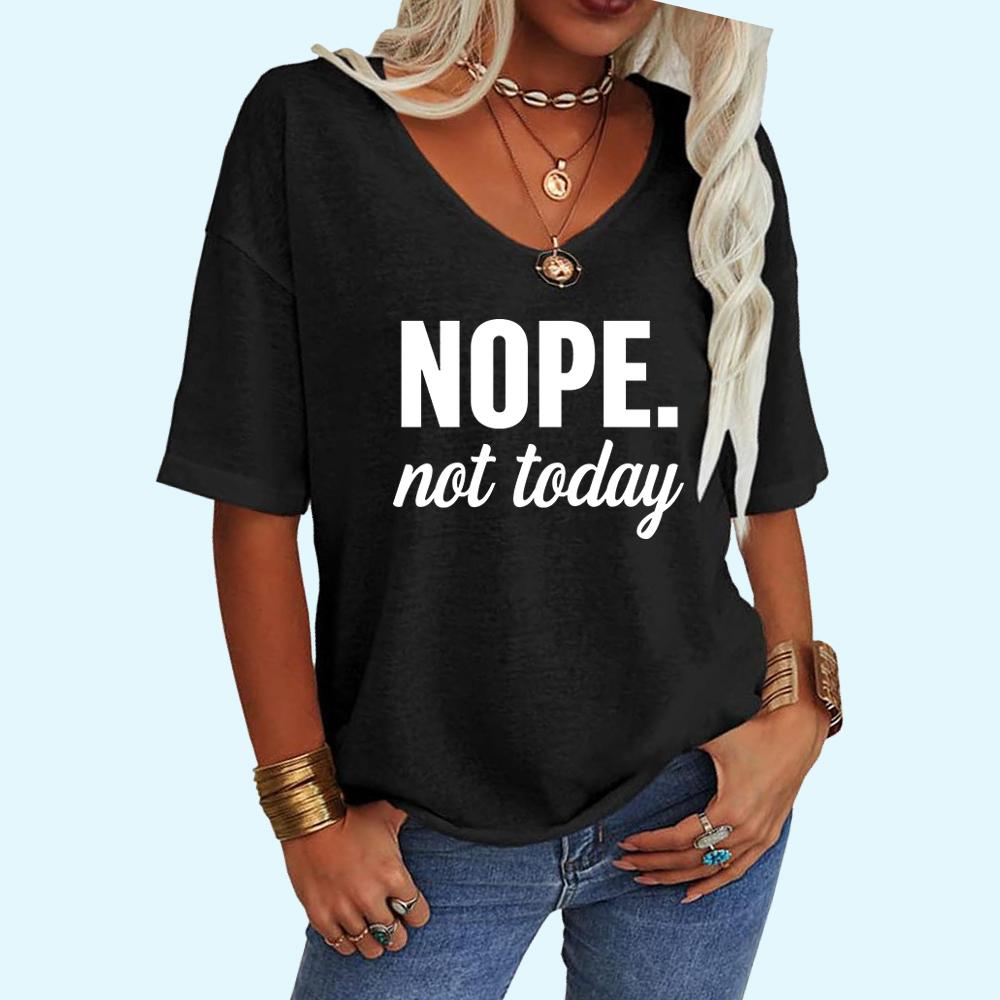 Women Fashion V CollarTee Shirt Summer Casual Letter Print Top Loose Short Sleeve T-shirt