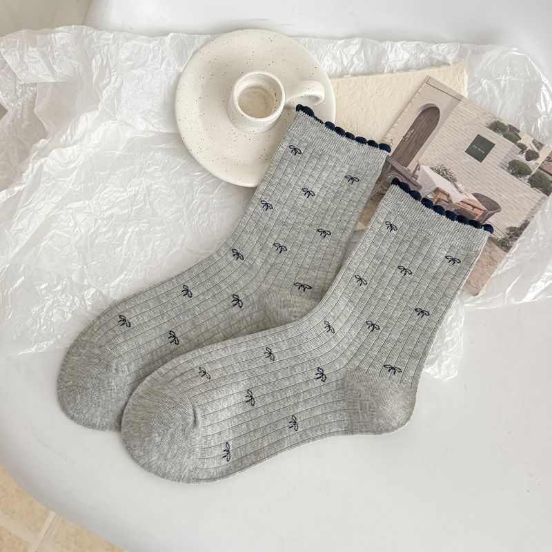 Floral White Socks - Breathable Mid-calf Socks Suitable for Spring and Autumn, Cute Frilly Socks with Multiple Layers, Summer Lightweight Long Socks