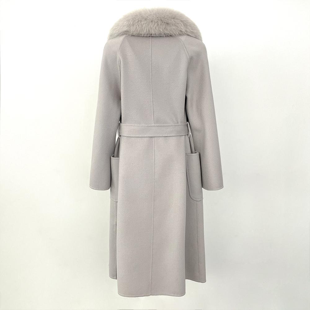 OFTBUY 2024 Autumn Winter Real Fox Fur Collar Water Ripple Double-Sided Woolen Coat Women Long Coat 100% Wool Removable Fur Collar