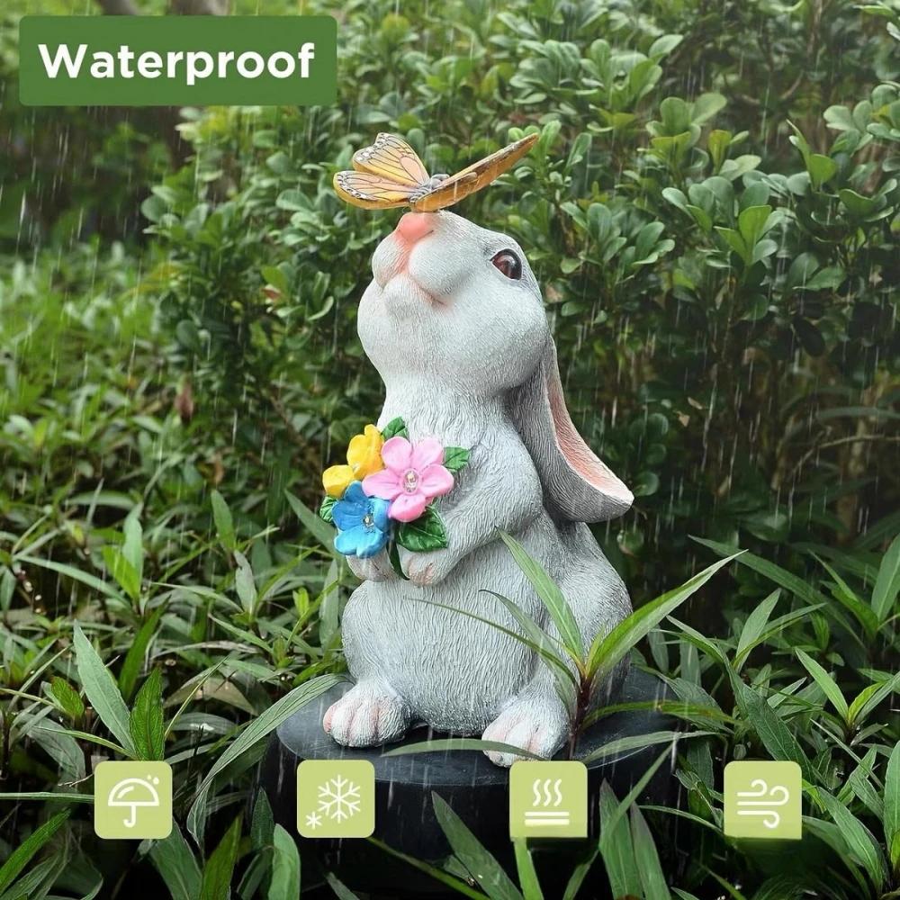 Solar Bunny Statue Garden Decor with Butterfly LED Light Resin Animal Sculpture Figurine Outdoor Decoration for Garden Courtyard