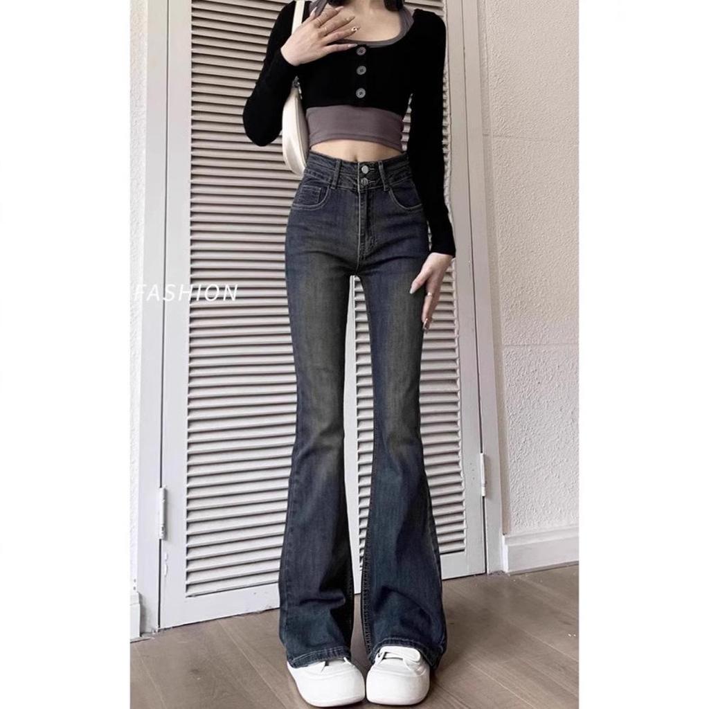 Petite Cement Gray Micro-Flare Jeans for Women - High Waist, Fleece-Lined Retro Trousers for Autumn/Winter.