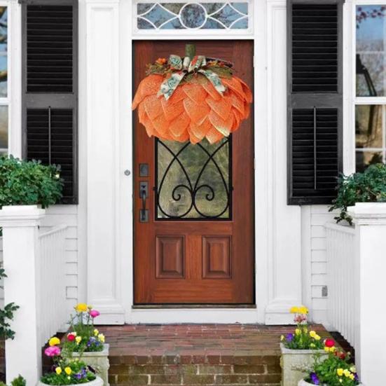 Farmhouse Pumpkin Wreath for Front Door Autumn Burlap Pumpkin Garland with Bows Berries for Fall Halloween Christmas Thanksgiving Home Porch Decor