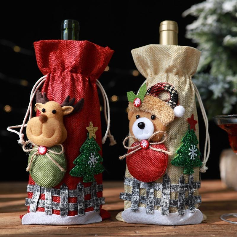 Christmas Wine Bottle Covers Linen Snow Cartoon Drawstring Wine Bottle Cover Xmas Party Home Desktop Decor New Year Gifts