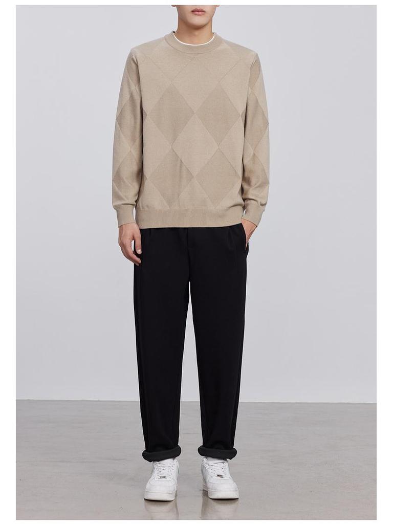 Men's High-Quality Diamond Jacquard Round Neck Sweater, 2024 Autumn/Winter, Slightly Loose Long Sleeve Knitwear