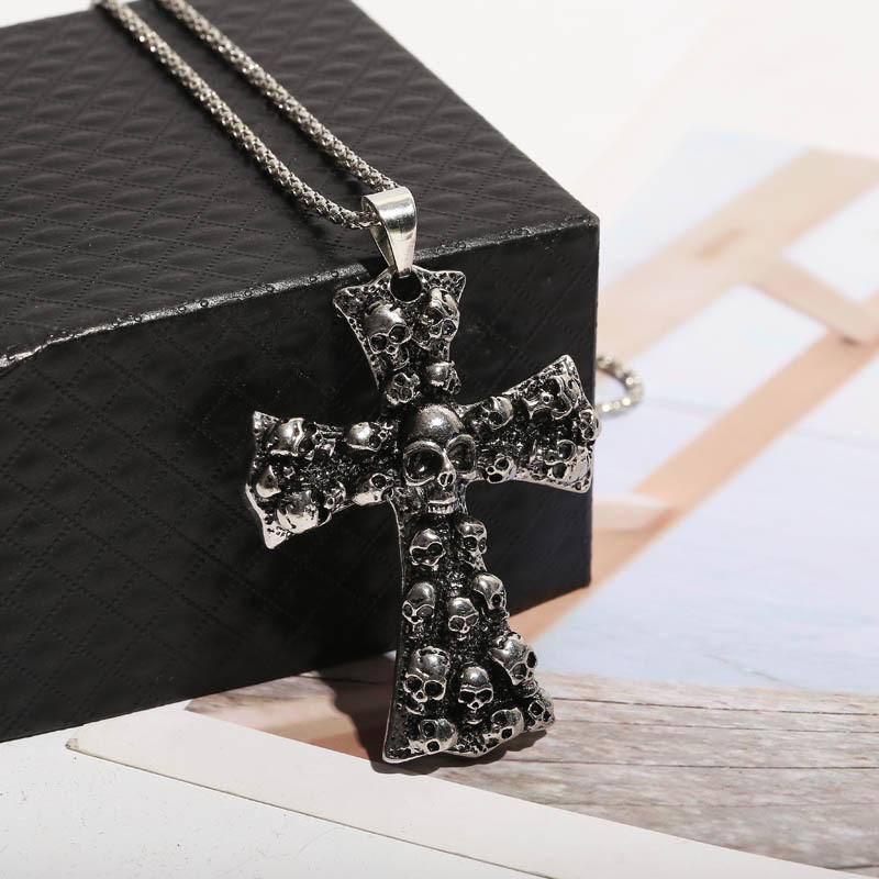 Stylish Punk Gothic Skull Cross Vintage Pendant Necklace For Halloween Celebrations